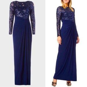 Lauren Ralph Lauren Evening Sequin Lace Maxi Dress Gown Navy Blue SZ 10